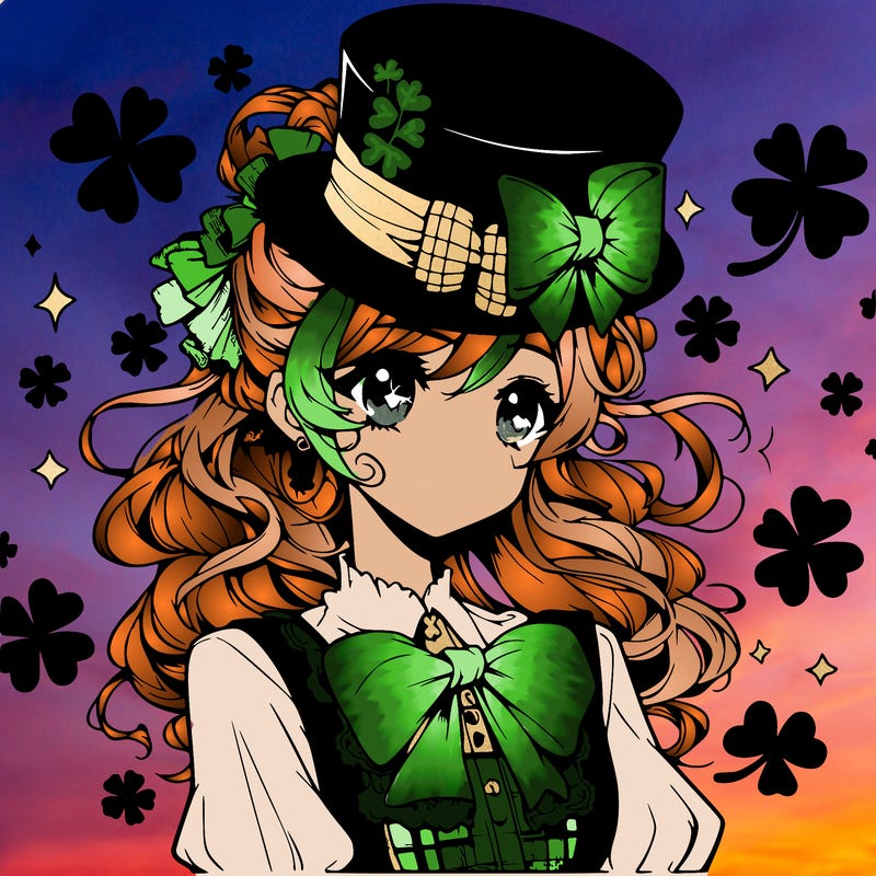 a manga-style girl with clovers around her, a little hat in her hair, like it's saint patrick's day