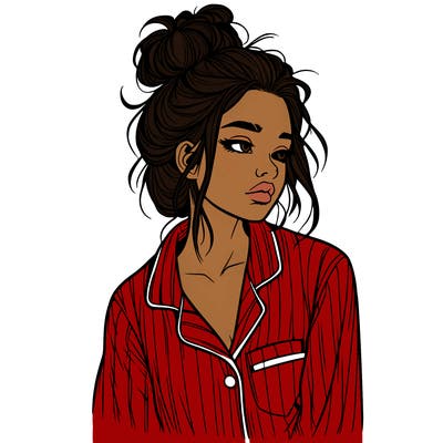 realistic woman with pajamas on and a messy bun