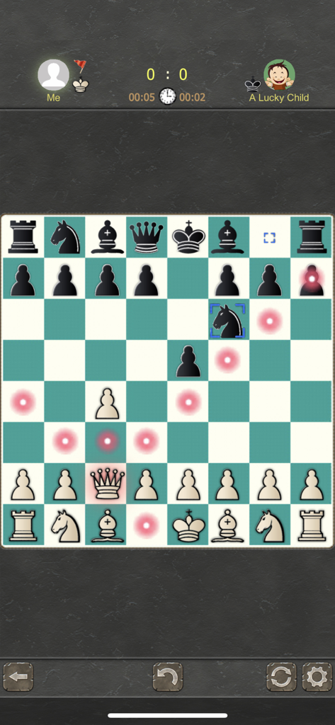 Chess Origins - 2 Players - A mobile chess game screen showing a match against an AI character named A Lucky Child
