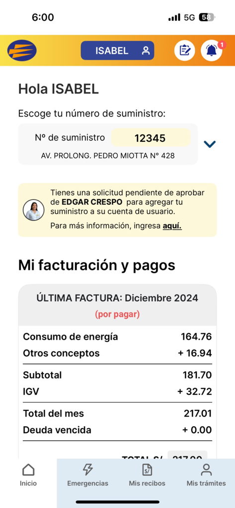 Luz del Sur - Tablero de la aplicación móvil Luz del Sur que muestra los detalles del recibo de luz y el estado de la cuenta