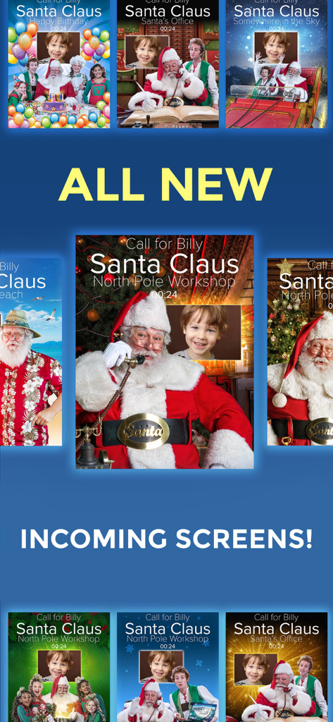 Personalized Call from Santa - Multiple examples of incoming call screens from Santa Claus with personalized child photos and festive backgrounds