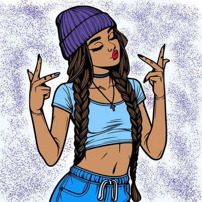 realistic teenage girl with braids and a beanie and crop top doing 🫶🏼