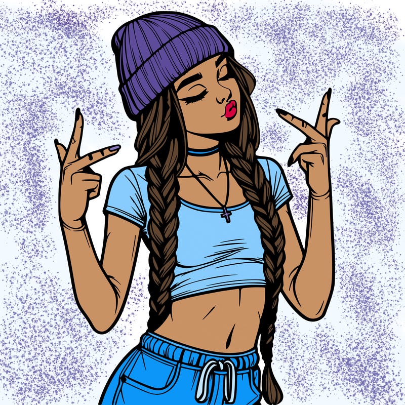 realistic teenage girl with braids and a beanie and crop top doing 🫶🏼