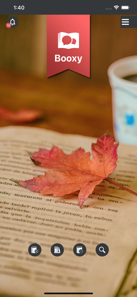 Booxy app home screen featuring a red bookmark logo and navigation icons over an aesthetic background of an open book and an autumn leaf.