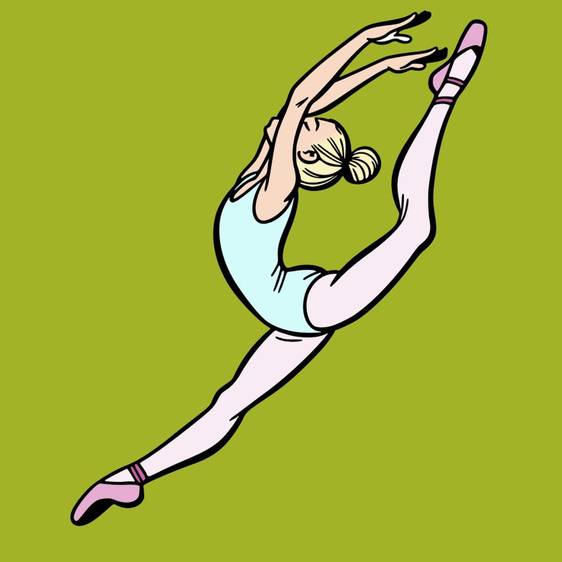 gymnast doing a leap in a leotard with a bent back leg