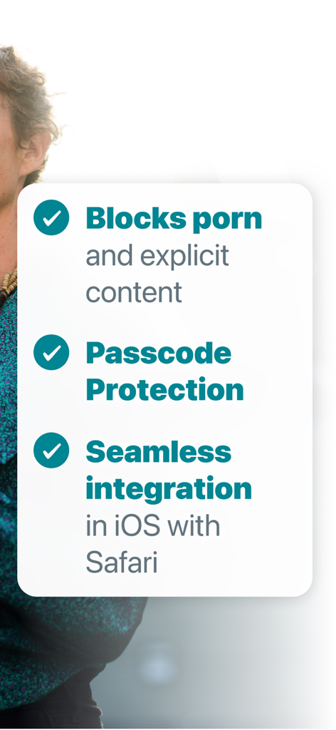 Key features list for xBlock Porn Blocker showing explicit content blocking, passcode protection, and seamless iOS Safari integration