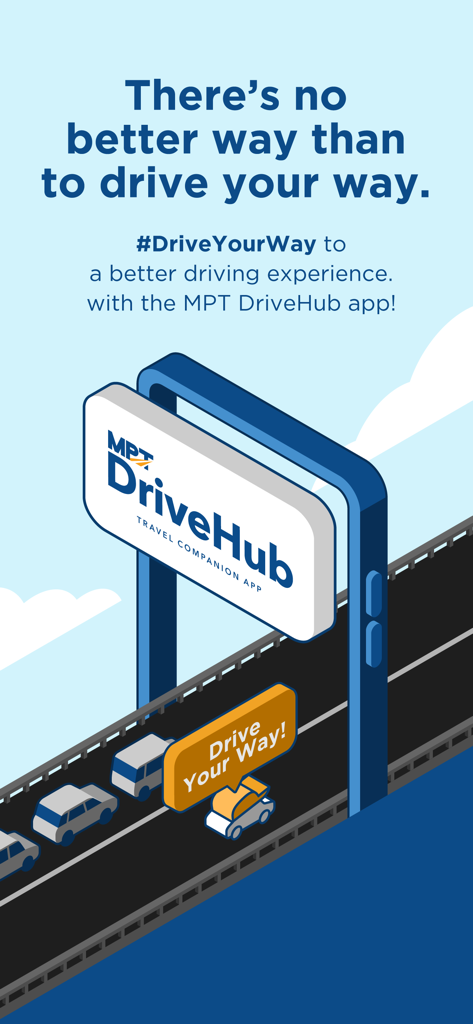 MPT DriveHub - Una ilustración que muestra el logo de la aplicación MPT DriveHub en una valla publicitaria a lo largo de una autopista con coches