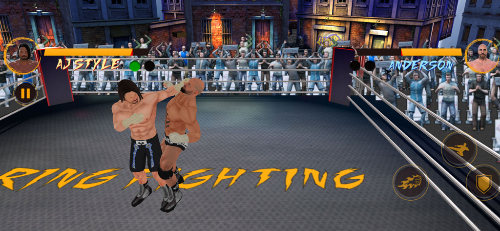 Pro Wrestling Revolution 2025 - Gameplay screenshot showing a wrestling match between AJ Style and Anderson in an outdoor ring