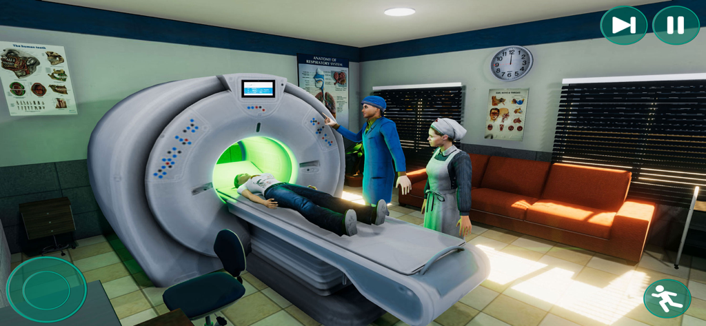 My Doctor - Dream Hospital Sim - A patient undergoing a CT scan in a 3D hospital simulation game with a doctor and nurse present