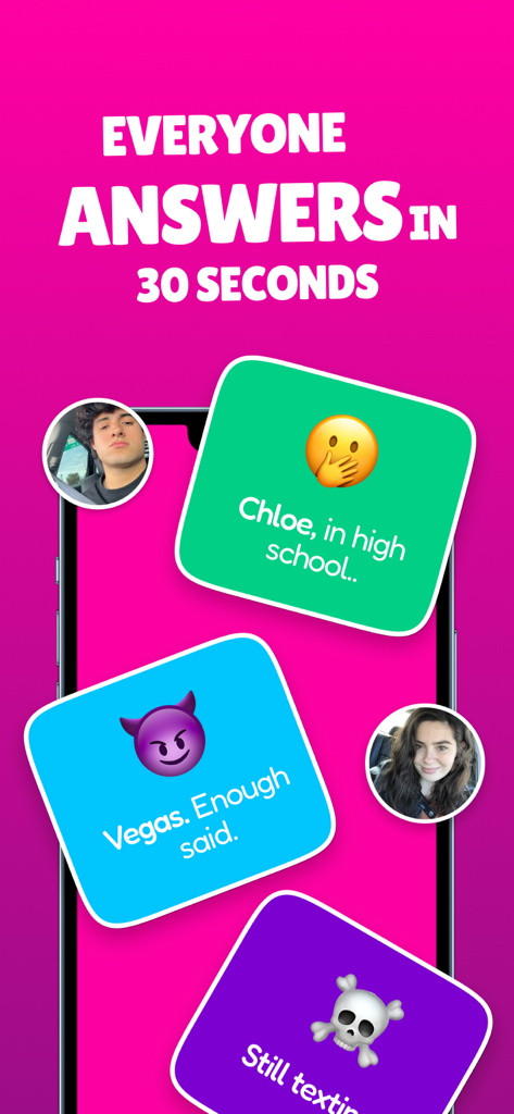 Insight - Play With Friends - Insightのモバイルゲームインターフェース。友達が30秒の制限時間内に質問に答えている様子が表示されます。