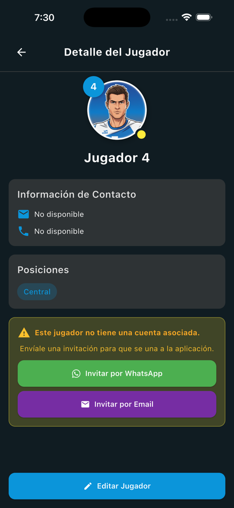 Advanced Metrics. Handball - Mobile app screen displaying a handball player profile with invitation buttons