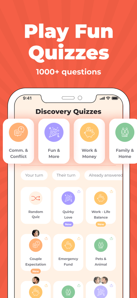 Flamme: Cozy Couples App - Flamme app discovery quizzes screen with various relationship topics for couples