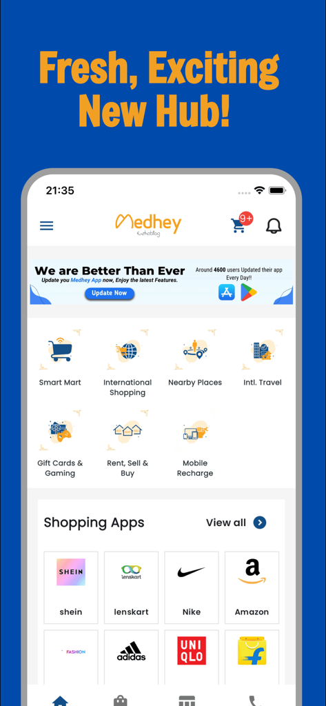 Medhey - The Medhey app home screen showing shopping brands and service categories