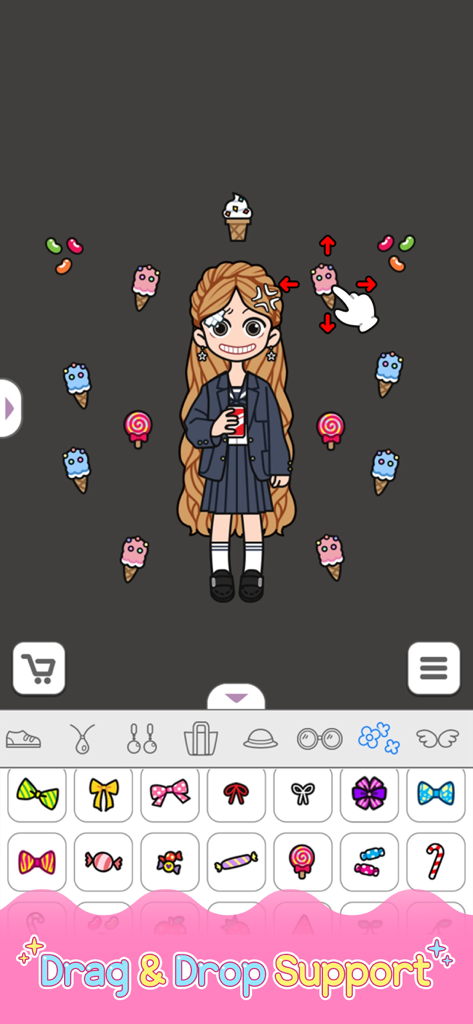 Lily Story - Lily Storyで、ドラッグ＆ドロップ機能を使用して、浮いているお菓子やアクセサリーでカスタマイズされている女の子のキャラクター