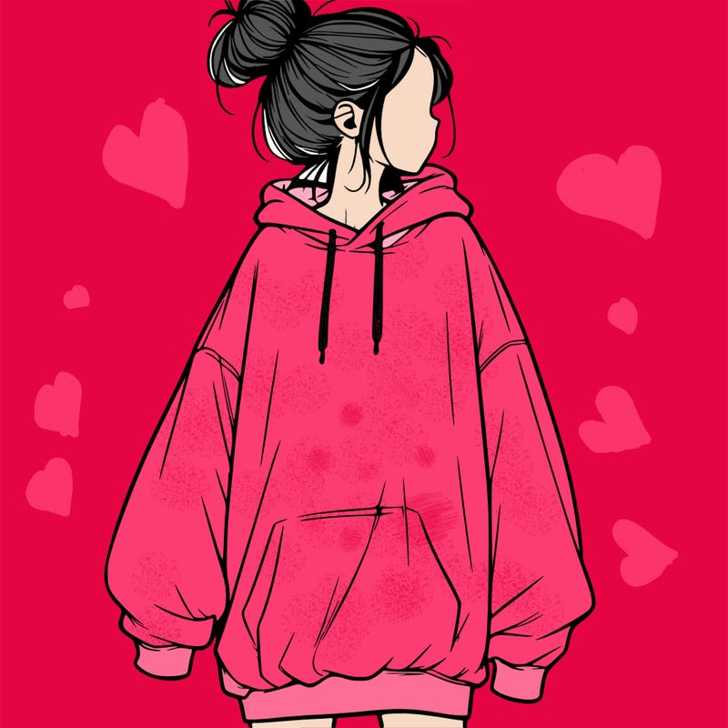 realistic girl with a oversized sweatshirt on and a bun