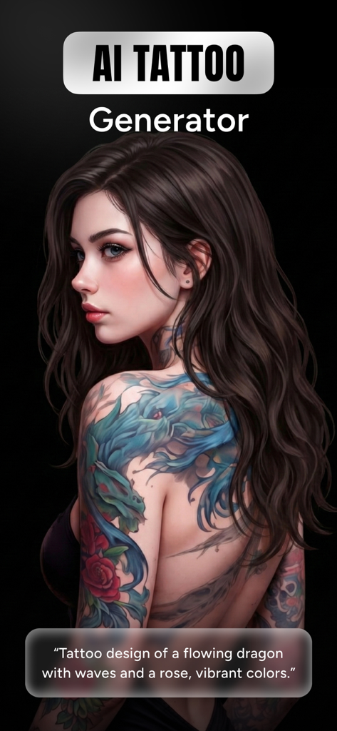 AI Tattoo Generator - Creator - A woman showcasing a vibrant AI-generated dragon and rose tattoo design on her back.
