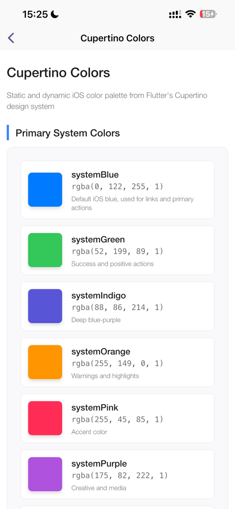 A list of iOS primary system colors with RGBA values in the WebF Go app