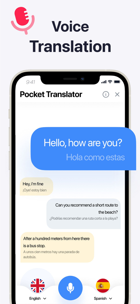 Lingvanex app voice translation interface showing English to Spanish conversation