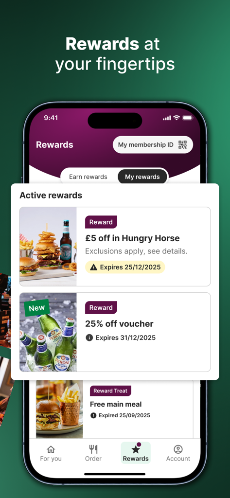 A mobile phone screen displaying active rewards and discount vouchers in the Greene King app for pubs and restaurants.