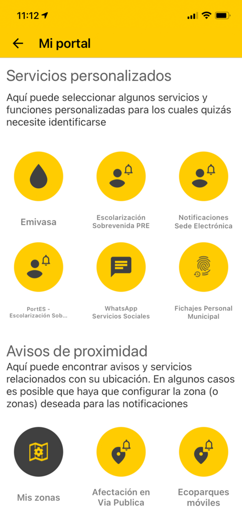 Tela Mi Portal do AppValencia exibindo ícones para serviços municipais personalizados e alertas de proximidade