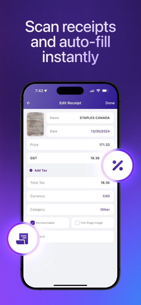 Un écran de téléphone mobile affichant l'application Smart Receipts scannant un reçu et remplissant automatiquement les détails des dépenses.