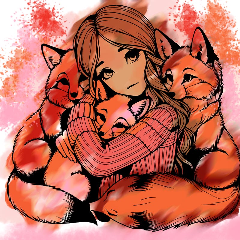 realistic, looking girl hugging, foxes