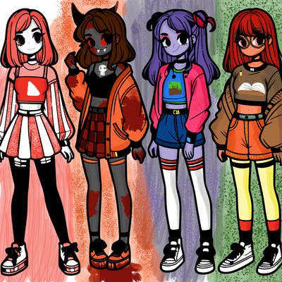 one girl with crop-top shirt and a jacket with a skirt, long socks and another girl with a shirt and pants with a jacket