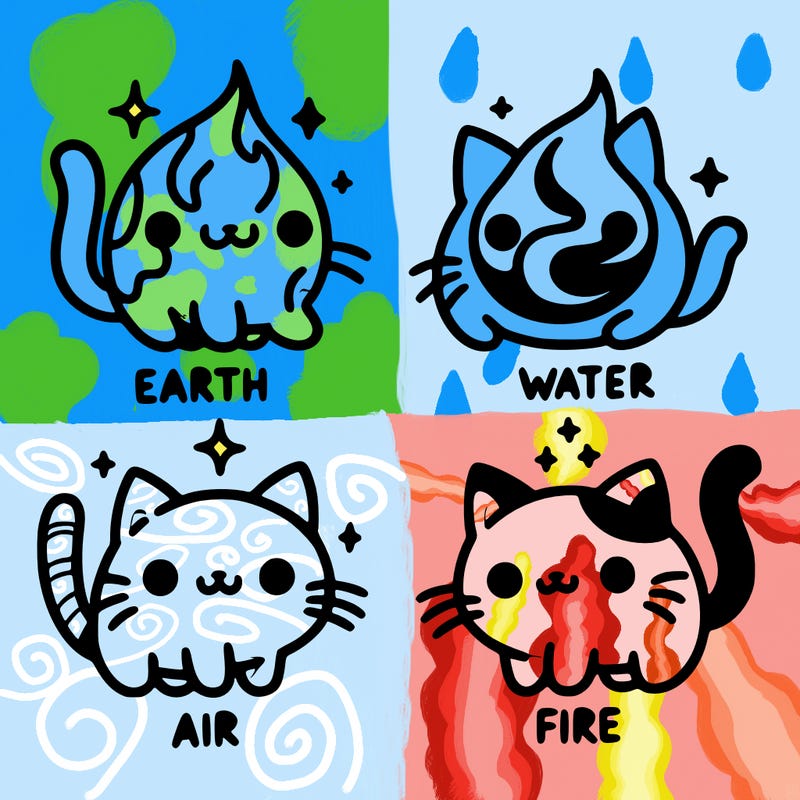 4 cats that represent the different elements, earth, water, air, and fire