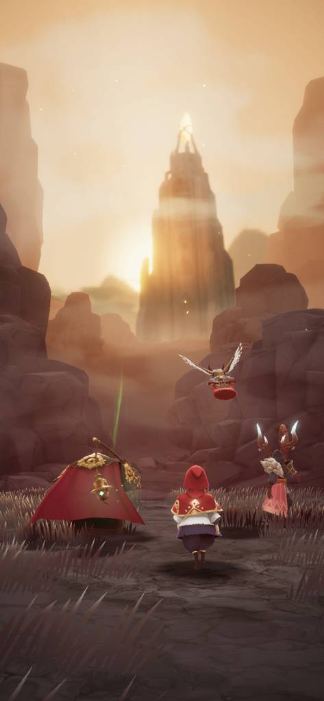 SOULS - Three heroes journey across a rocky landscape toward a glowing tower in the distance under a warm sunset