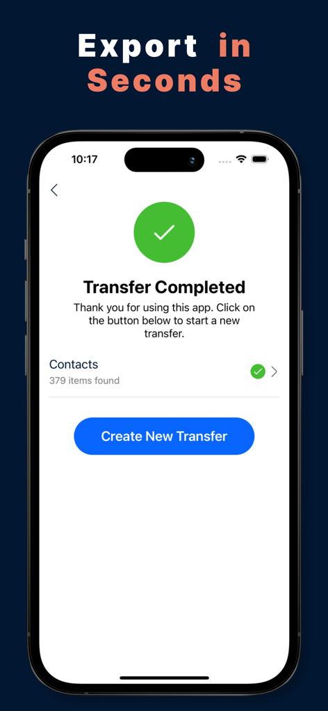 Contacts: MC backup & Exporter - Oberfläche einer mobilen App, die eine erfolgreiche Übertragung von Kontakten mit einem grünen Häkchen-Symbol zeigt