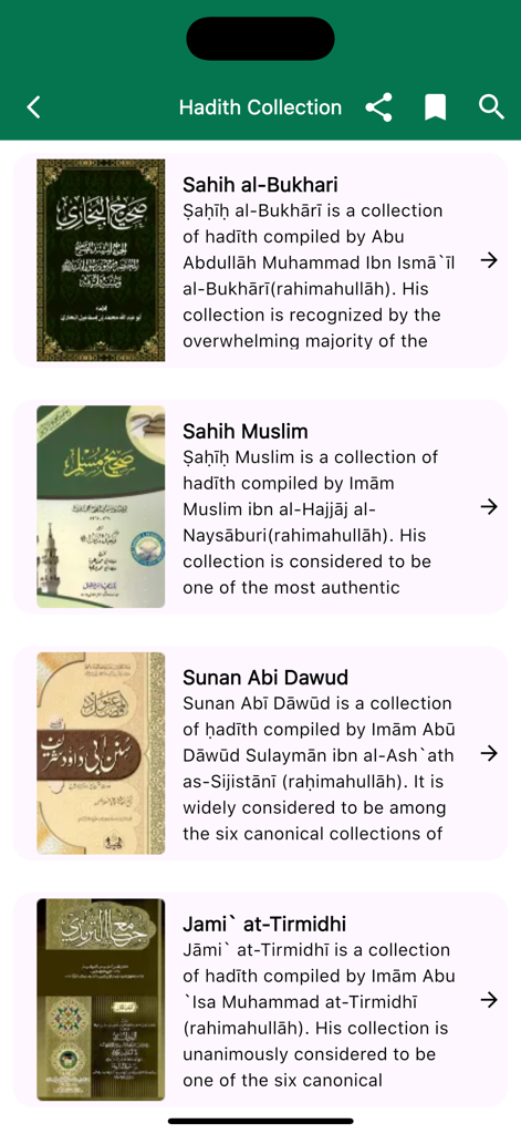 Tawhid: Prayer, Quran, Ramadan - Hadith collection screen in the Tawhid app featuring major Islamic texts like Sahih al Bukhari and Sahih Muslim