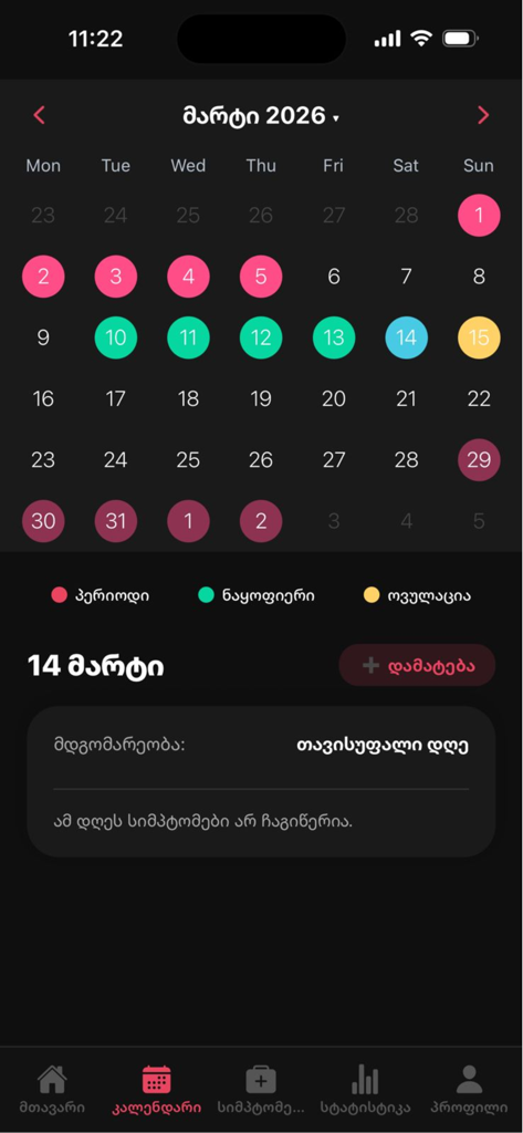 Menstrual cycle tracking calendar in dark mode with color coded period and ovulation days