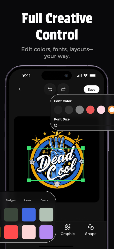 LookA Logo: Custom Logo Maker - LookA Logo app interface showing creative control tools to edit font colors and layouts for a custom brand logo