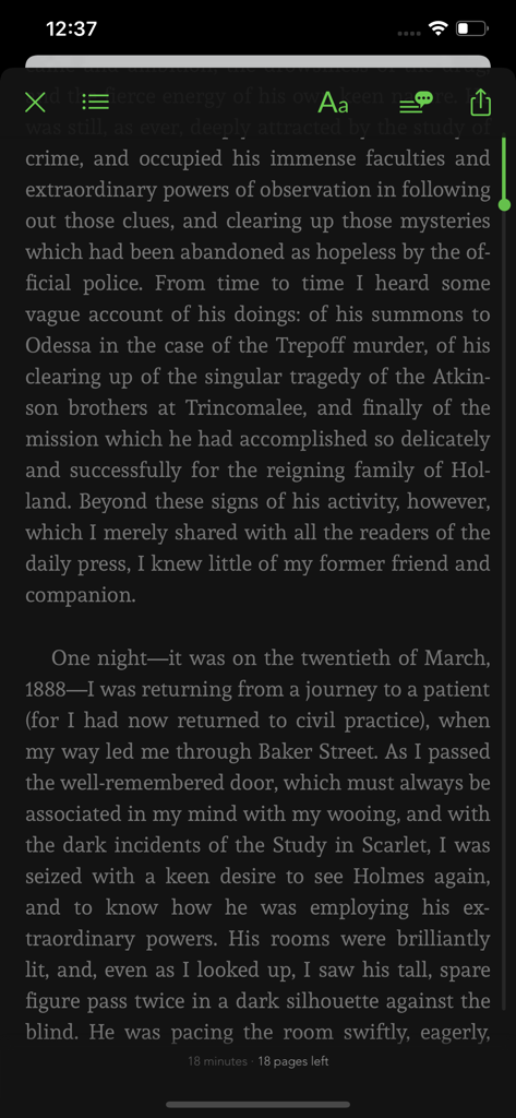Smartphone screen showing the dark mode reading interface for a classic novel in the English Novel Books app