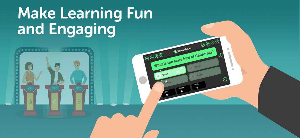 Trivia Maker - Quiz Creator - Una mano sosteniendo un smartphone que muestra una pregunta de trivia de opción múltiple sobre el ave estatal de California con un escenario de concurso de dibujos animados y concursantes al fondo.