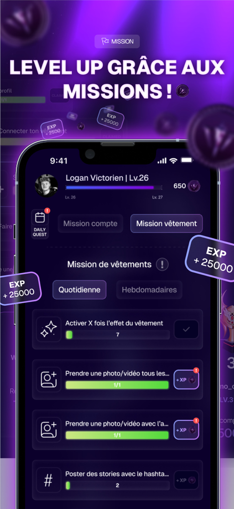 Smartphone interface of the Arntreal app showing clothing missions to earn experience points and level up a digital fashion profile