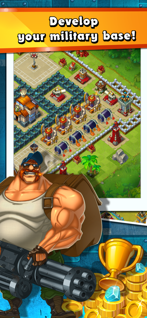 Jungle Heat - A muscular soldier with a minigun standing before a fortified military base with gold and trophies.