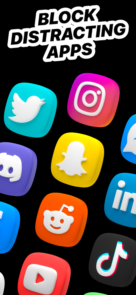 Una colección de íconos 3D de redes sociales, incluyendo Instagram, TikTok y YouTube, bajo el encabezado Bloquear Aplicaciones que Distraen