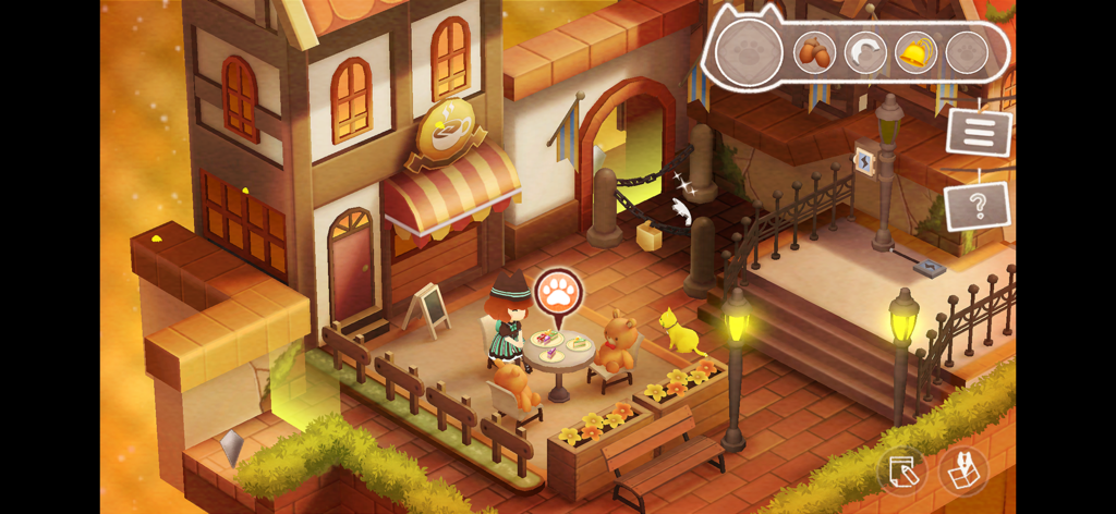 Escape game:Stray Cat Doors 3 - Un personaje con sombrero de gato negro explora una acogedora cafetería al aire libre en un juego de aventuras de puzzles.