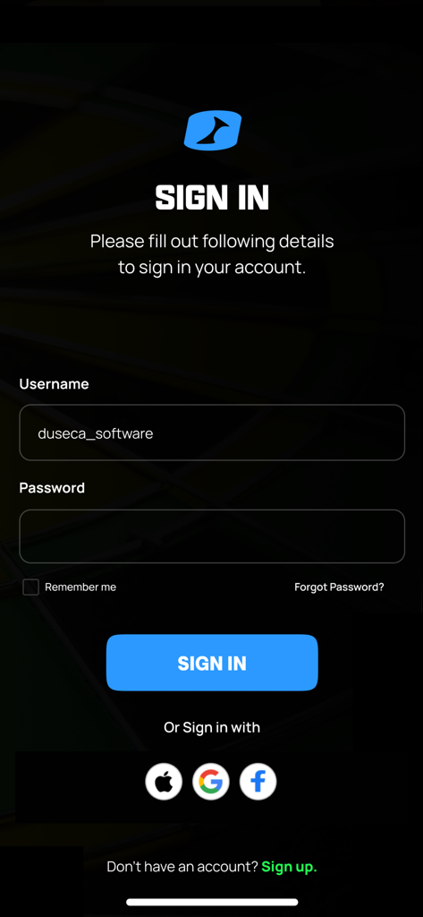 Popdarts Score Keeper - Sign in screen for the Popdarts Score Keeper app featuring login fields and social media authentication options