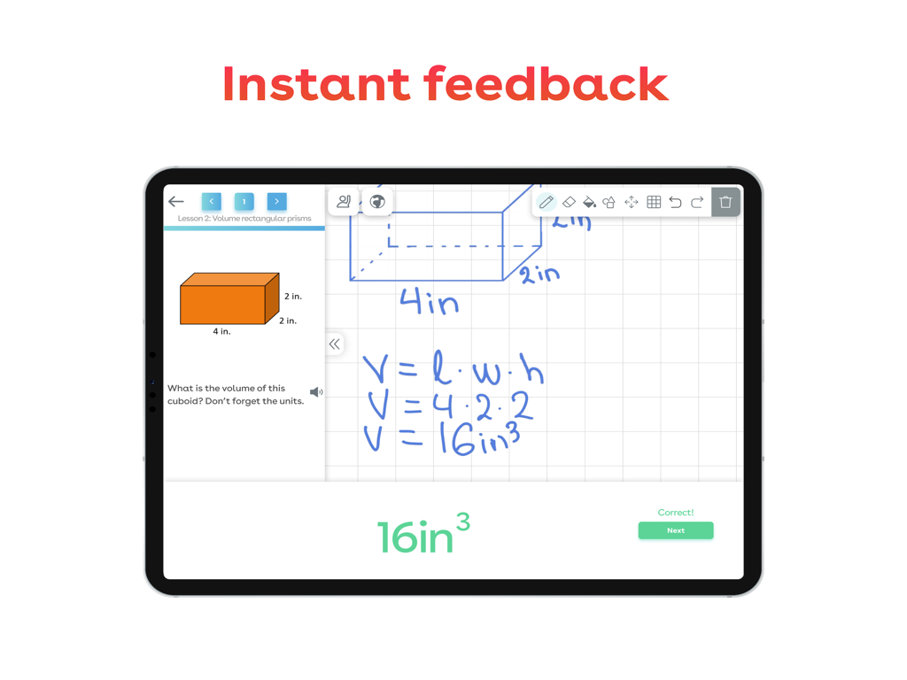 Magma Math - Magma Math app on tablet showing handwritten geometry solution with instant feedback confirmation
