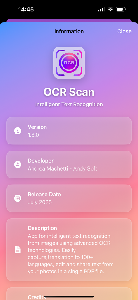 PhotoText OCR Pro - La pantalla de información de la aplicación PhotoText OCR Pro mostrando el número de versión, el nombre del desarrollador, la fecha de lanzamiento y una descripción de sus funciones de reconocimiento y traducción de texto.