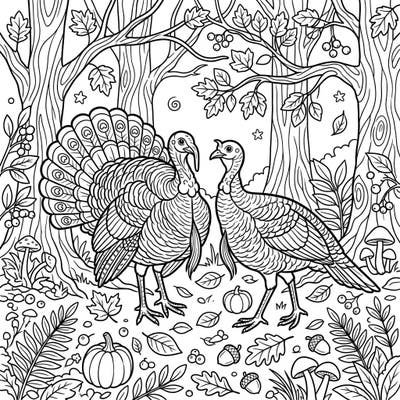 Immerse yourself in the beauty of autumn with this intricate coloring page featuring two magnificent Ocellated Turkeys. Surrounded by falling leaves, pumpkins, and forest flora, it's a perfect seasonal escape.