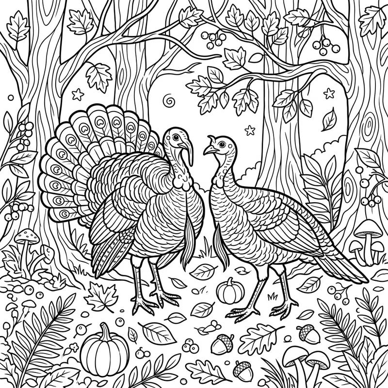 Immerse yourself in the beauty of autumn with this intricate coloring page featuring two magnificent Ocellated Turkeys. Surrounded by falling leaves, pumpkins, and forest flora, it's a perfect seasonal escape.