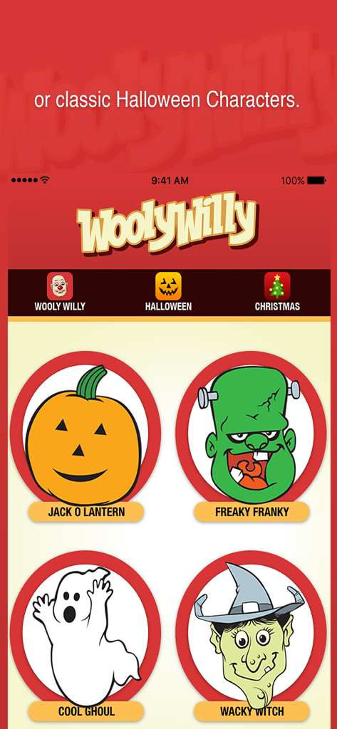 Wooly Willy - Wooly Willy app selection screen showing Halloween characters like Jack O Lantern and Freaky Franky.