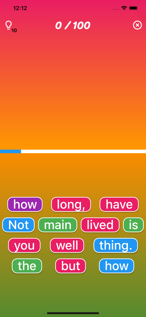 Gameplay screen of Challenging English showing word buttons for unscrambling a sentence.