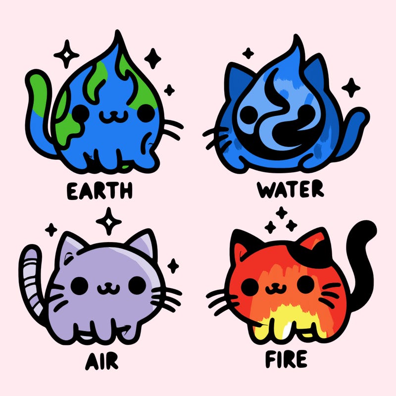 4 cats that represent the different elements, earth, water, air, and fire