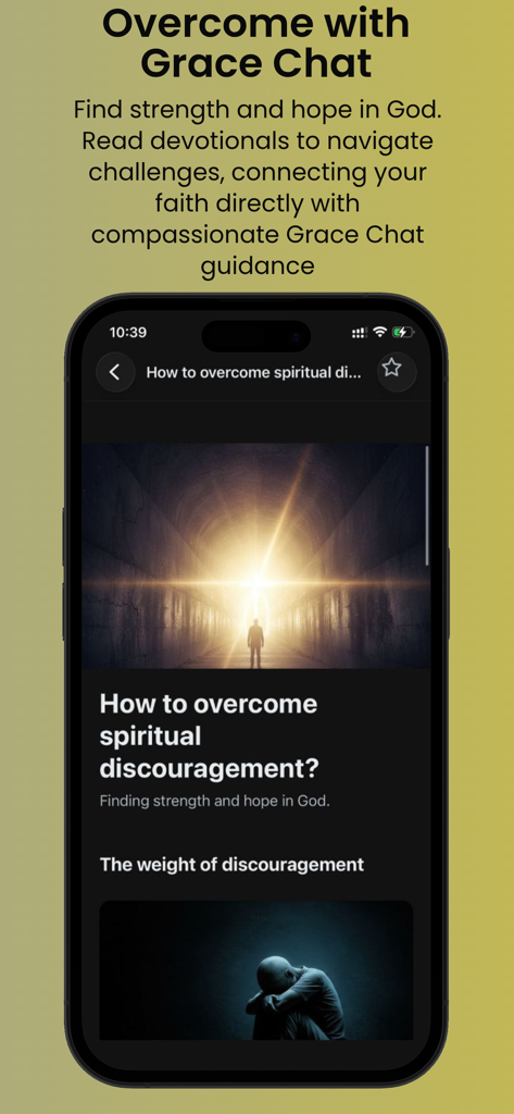 Interfaz de la aplicación BibleAI que muestra un devocional espiritual y guía de Grace Chat.
