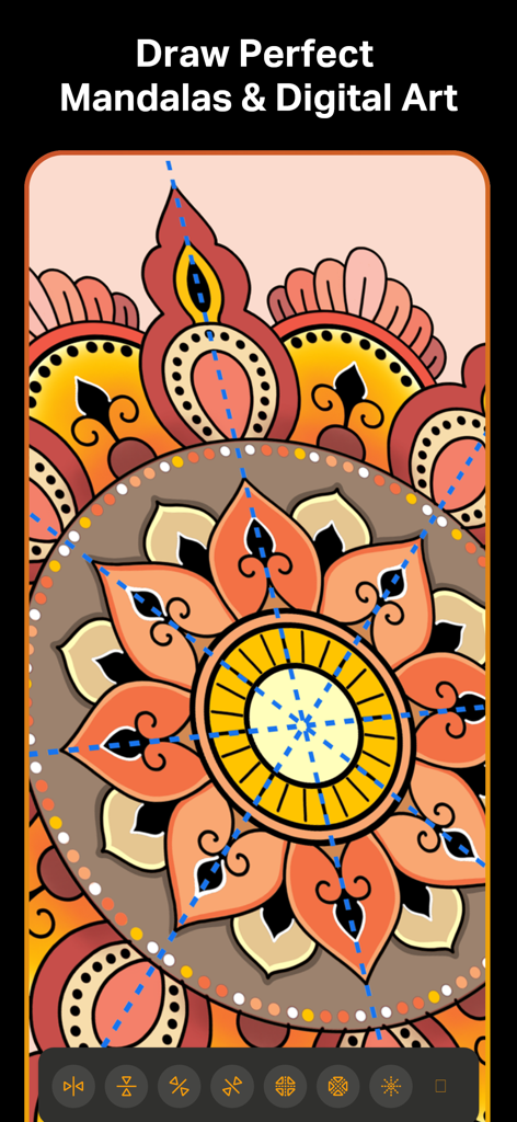 Uma mandala digital colorida sendo criada no Sketch Pro usando a ferramenta de desenho de simetria