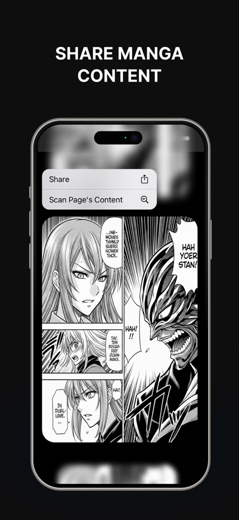 Manga Reader Infinity - Un écran de smartphone montrant les options de partage et de scan de contenu dans l'application Manga Reader Infinity